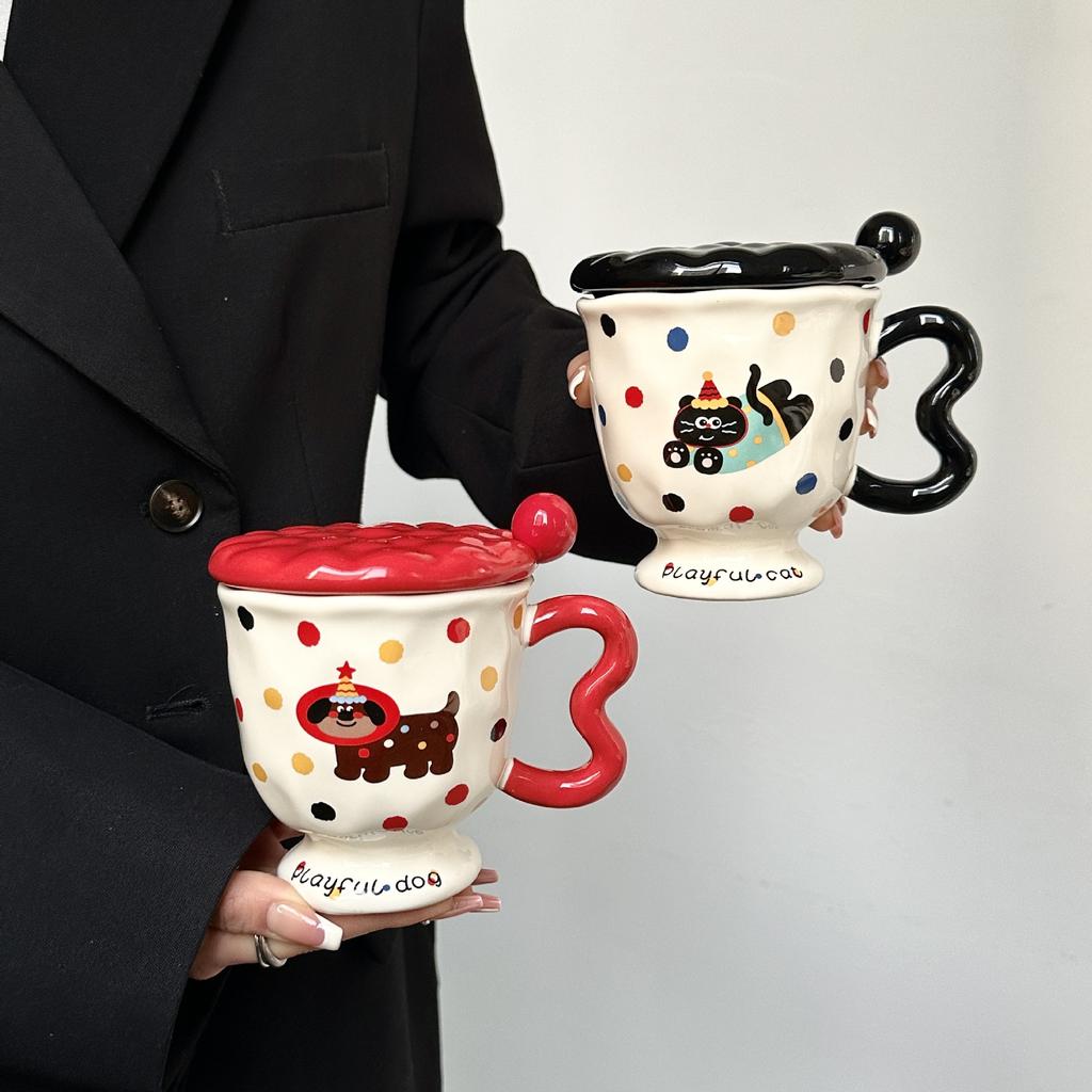 Cute Polka Dot Puppy Creative Cartoon Water Cup Ceramic Mug with Lid Spoon High Looking Birthday Gift for Girls