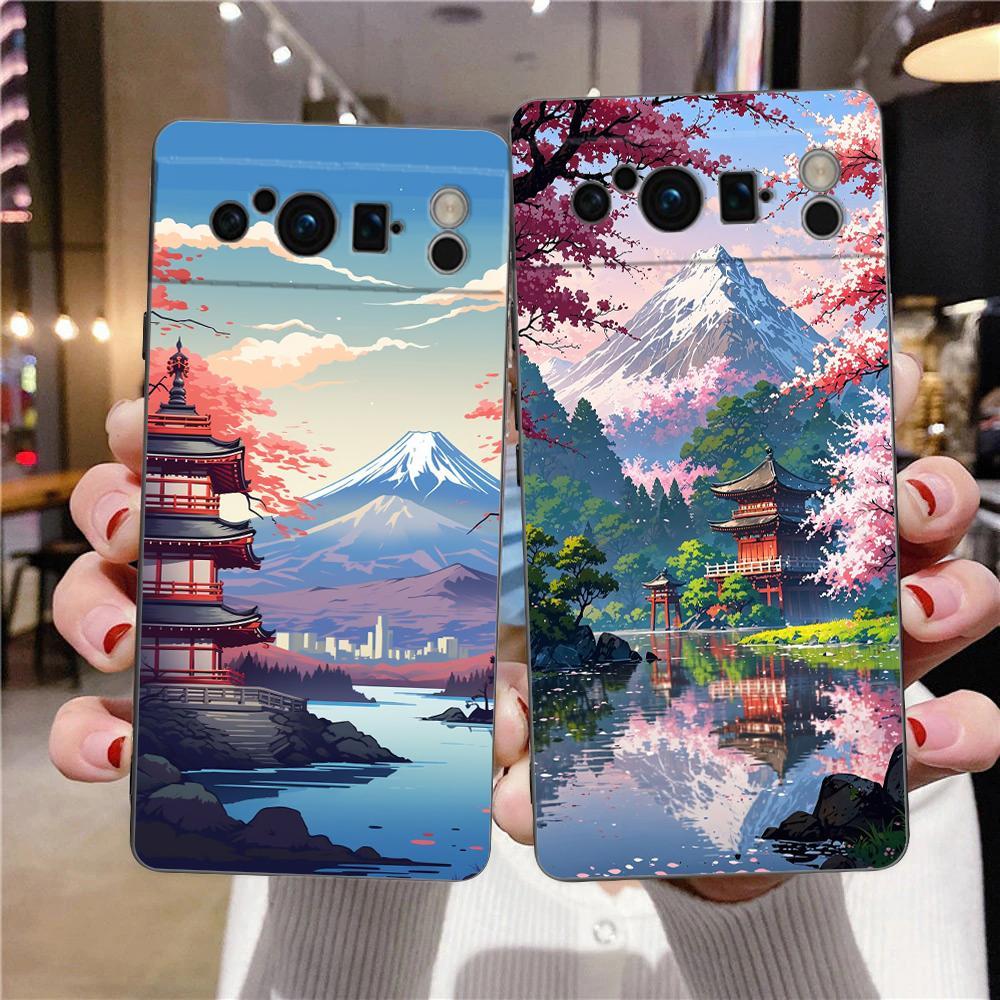 Japan Mount Fuji Painting Cherry blossom Phone Case For Google Pixel 9 8 9A 8A 7 7A 6 Pro XL 6A 5G Black Soft Back TPU Cover