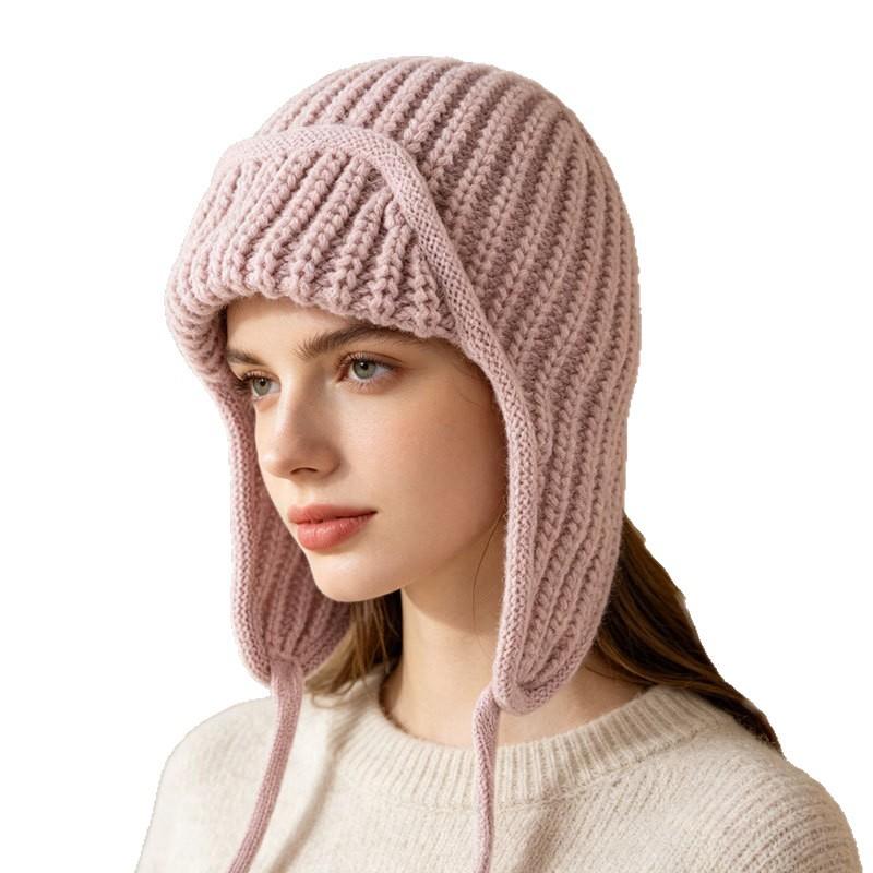 Neue Damen Herbst Winter Ohrklappen Strickwollmütze, Kordelzug Thermisch Warm Flieger Skimütze, Mode Vielseitig Outdoor Trooper Mütze