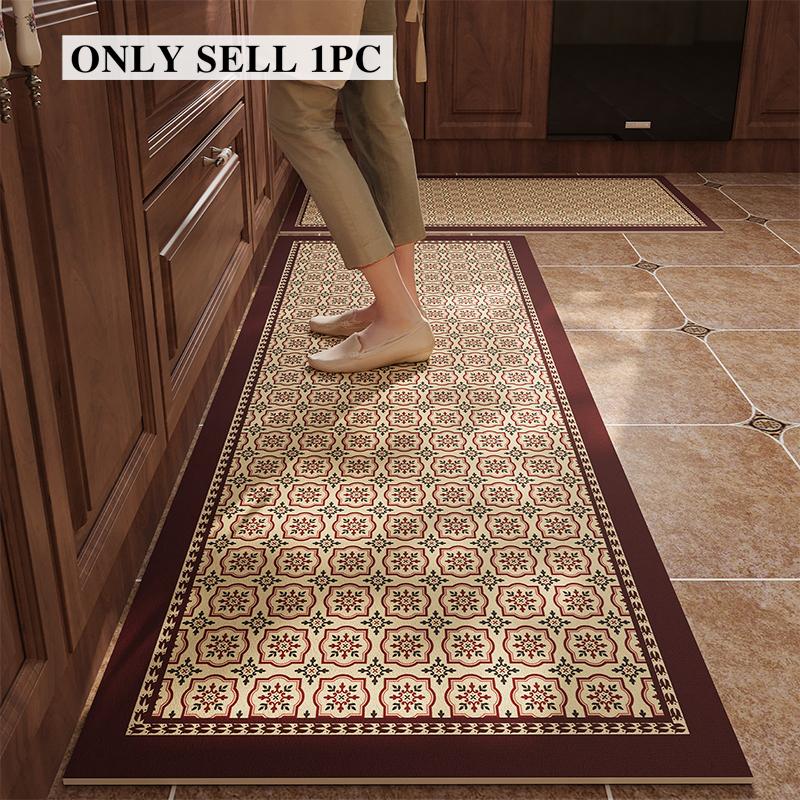 Kitchen Floor Mat Anti-slip Oil-proof Carpet Pvc Leather Waterproof Foot Mats Long Strip Rug American Retro Home Decoration Rugs