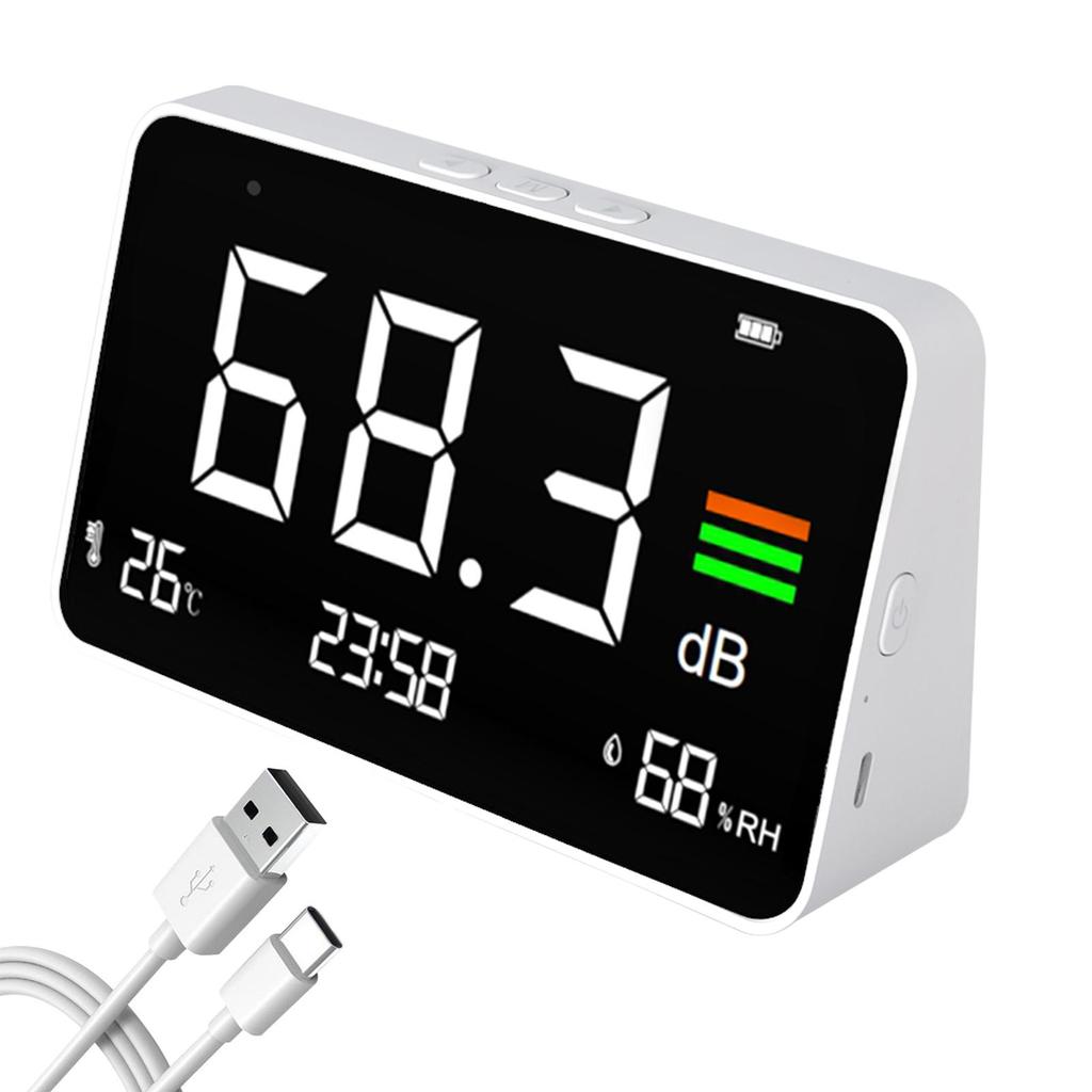 4-in-1 Digital Sound Level Meter ,Desktop Decibel Monitor 30-130dB,for Noise Measureing,Library, with Time&Temp&Humidity Display