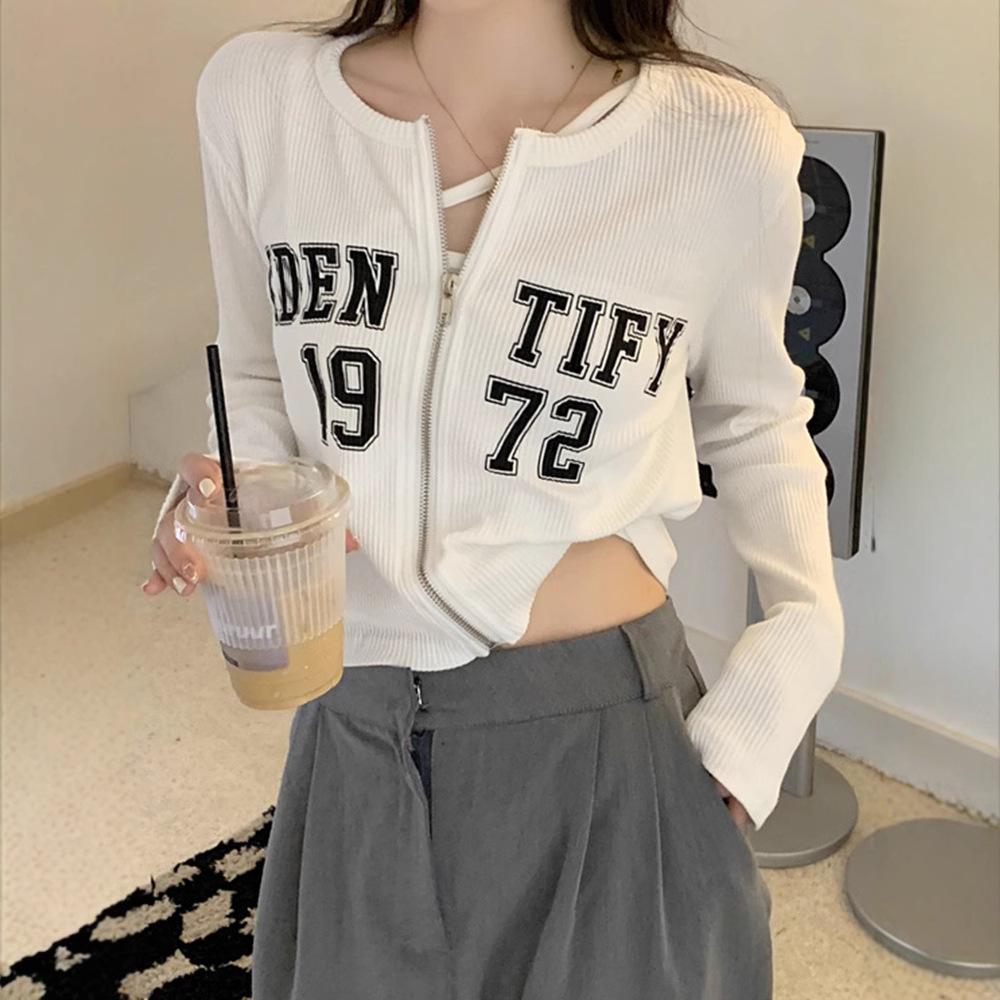 

Women s Letter Print Cropped Zip-Up Cardigan - Loose Slimming Long Sleeve Top L (for 50-60 kg) білий