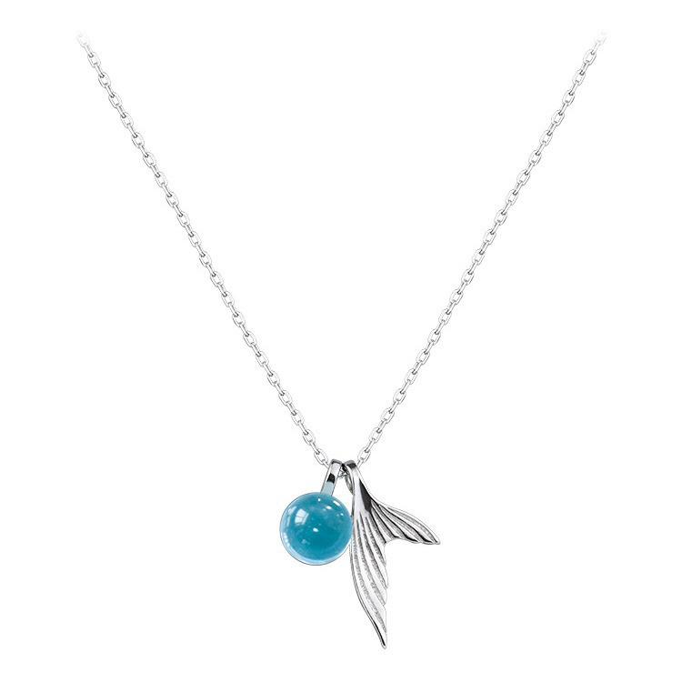 Sterling Silver Mermaid Tail Blue Bubble Necklace - Fresh Forest Style Clavicle Chain Pendant