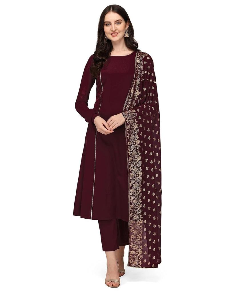 Women's Maroon Poly Crepe Straight Kurta Pant With Dupatta Set Party Wear Top Tunic Dress