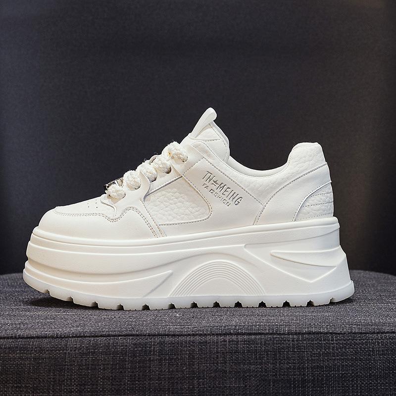 2025 Spring and Autumn New Korean Version of Thick-soled Heightening White Shoes Women's Leather Lace-up Showing Feet Small Casual Versatile Muffin