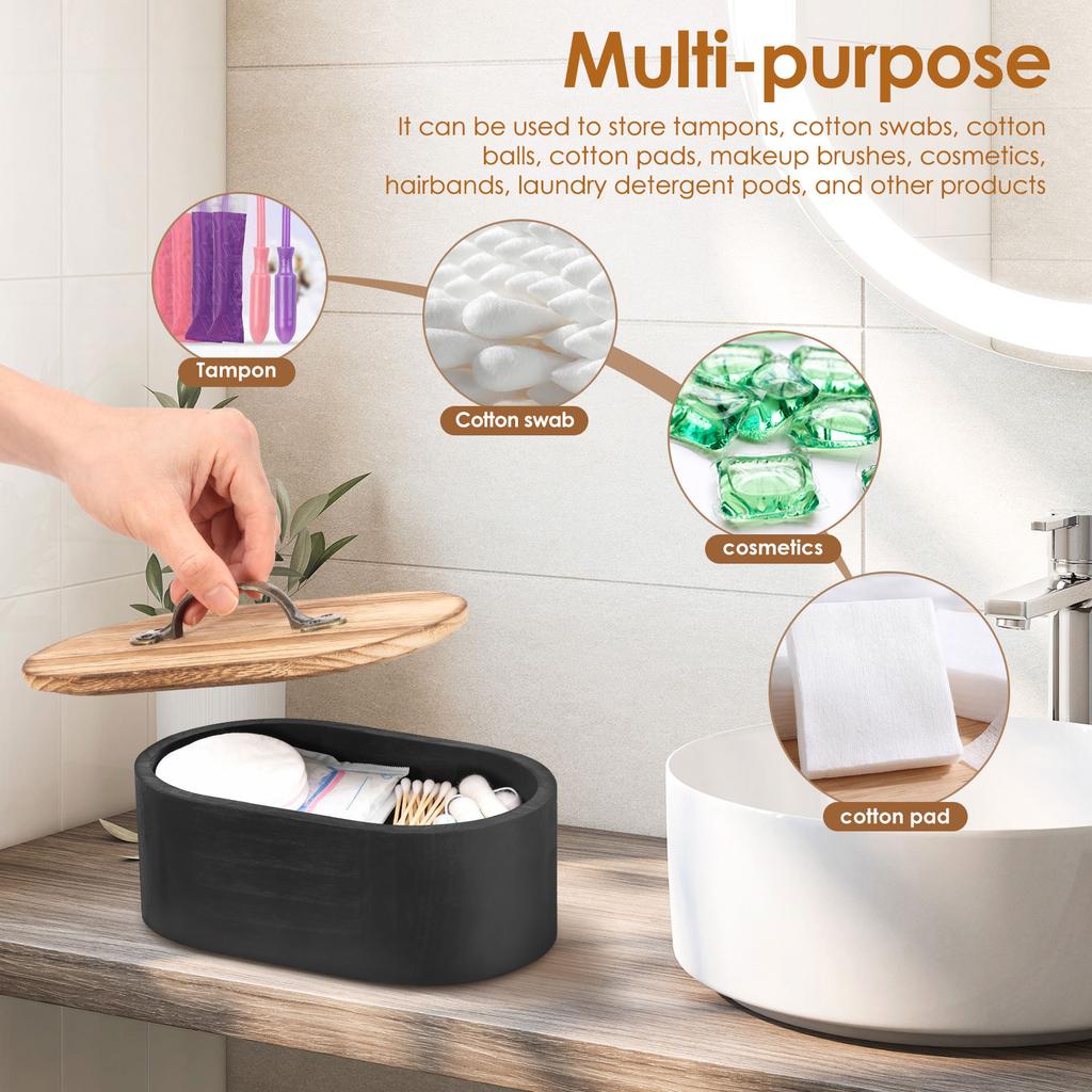 Wooden Tampon Holder with Lid Oval Bathroom Tampon Storage Box Large Capacity Dust Proof Feminine Product Organizer