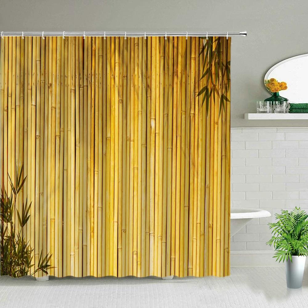 Yellow Green Bamboo Lotus Shower Curtain Bathroom Curtains Plant Flower Natural Scenery Fabric Background Wall Decor Screen Hook
