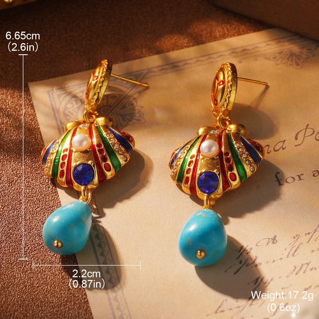 Court Style Light Luxury New Earrings Turquoise Fringed Earrings Medieval Brooch Ring Retro High-end Earrings