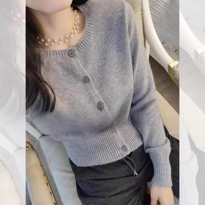 

Новый кардиган с длинным рукавом на талии женский осенне-зимний базовый короткий топ вязаный свитер-жакет one size fits all серый