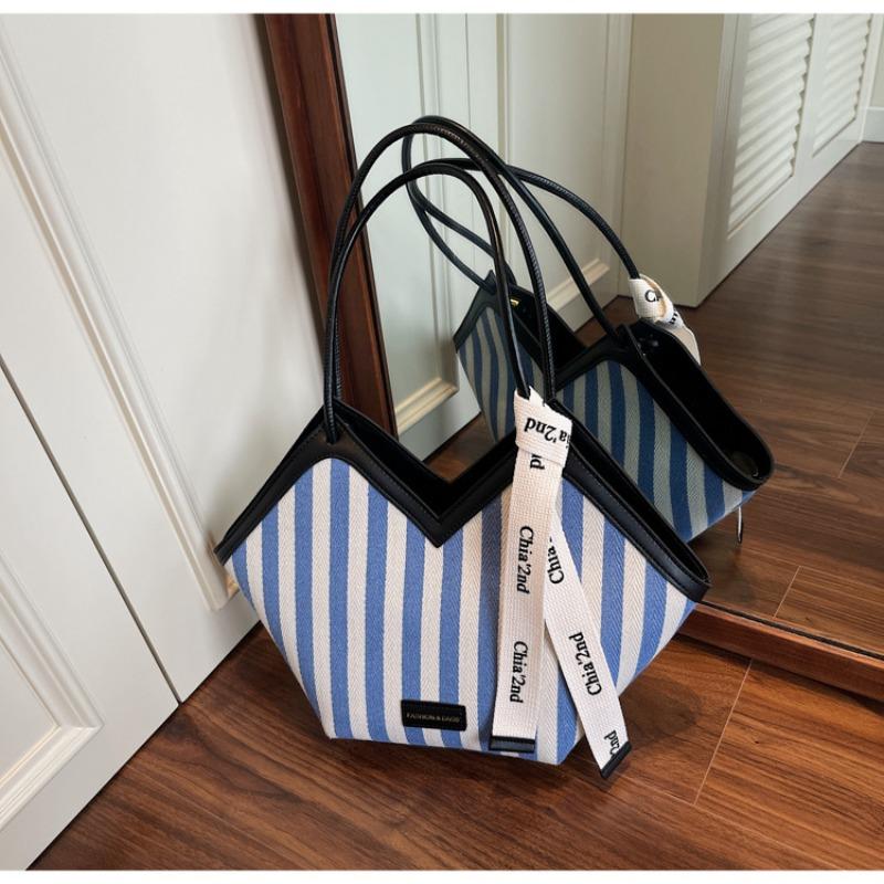 Striped canvas bag women's large-capacity new summer niche shoulder armpit bag college student class bag