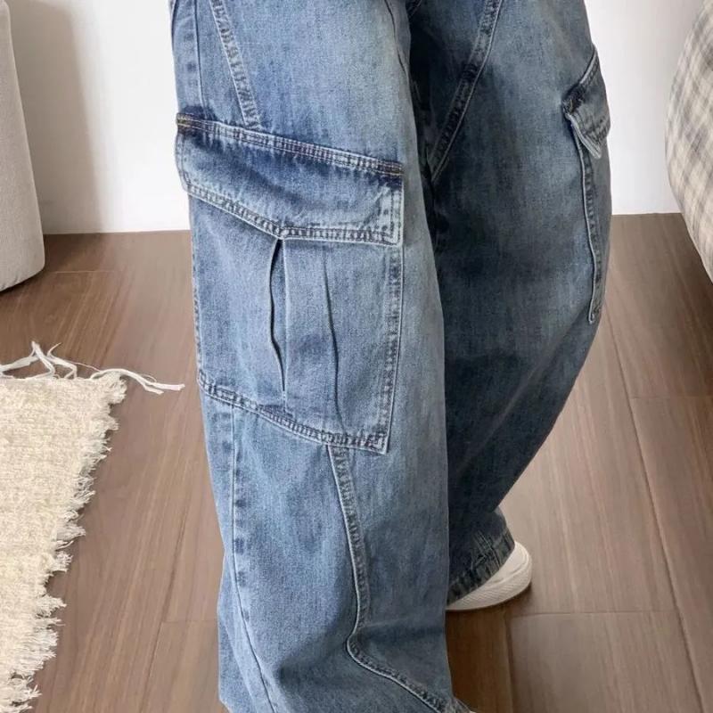 Neue Amerikanische Retro Weitbeinjeans Hohe Taille Schlankmachend Mehrfach-Taschen-Design Locker Vielseitig Arbeitshose