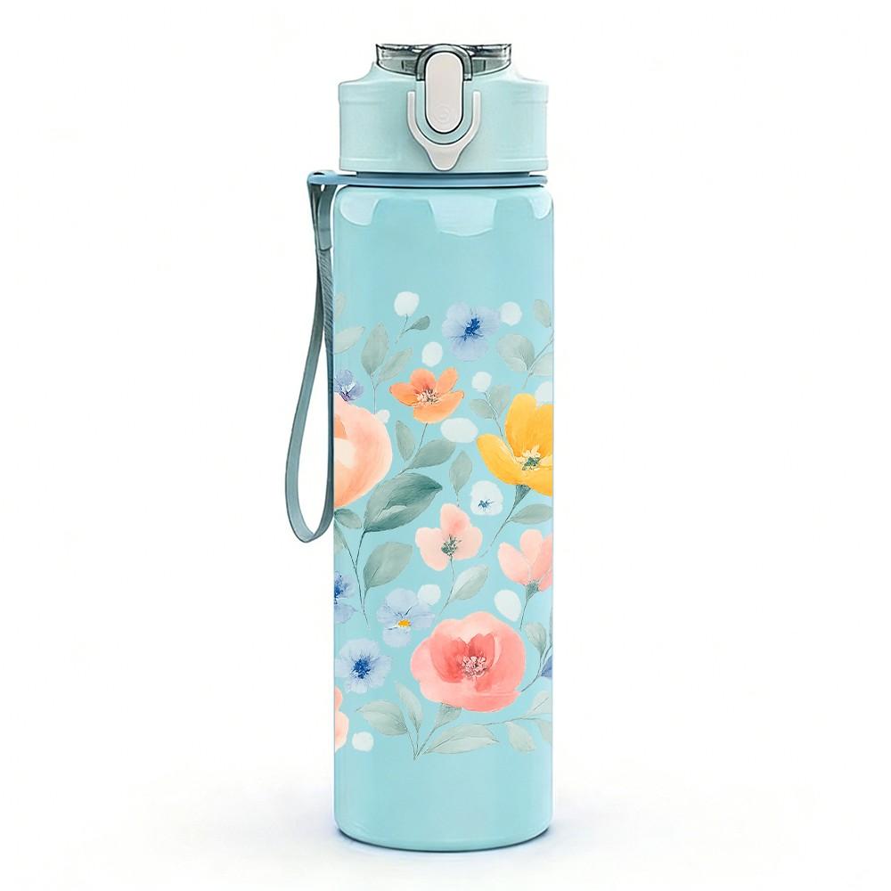 1PC Light Tone Pastel Floral Pattern Print 750ml Color Plastic Sports Water Bottle Leakproof Flip Straw Lid Suitable for Sports Office Home Use