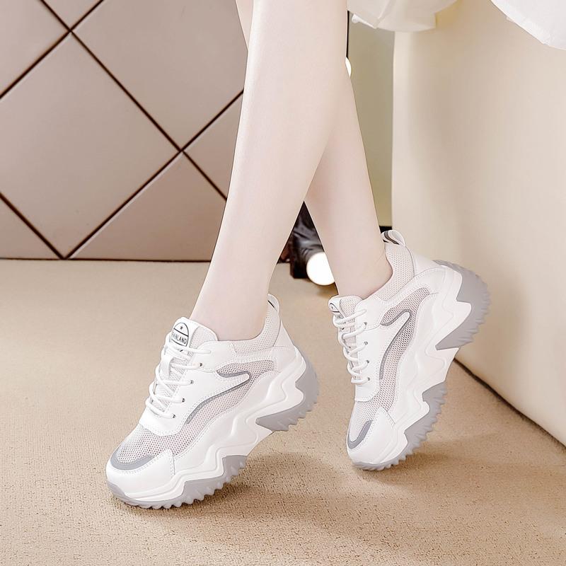 Lace-up Casual Shoes Women's Thick-soled Inner Height Increase Summer Breathable Mesh Shoes Low-top Muffin Bottom Dad Shoes Women