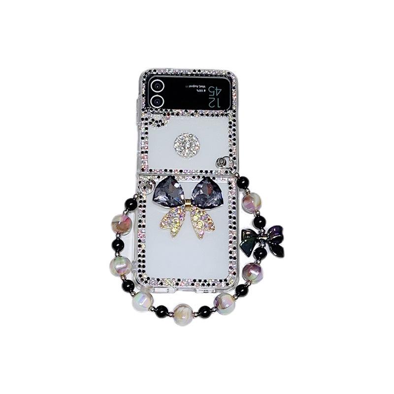 For Samsung Zflip6 Mobile Phone Case Clamshell Folding Screen Transparent Rhinestone Butterfly Ins Light Luxury Beads Portable
