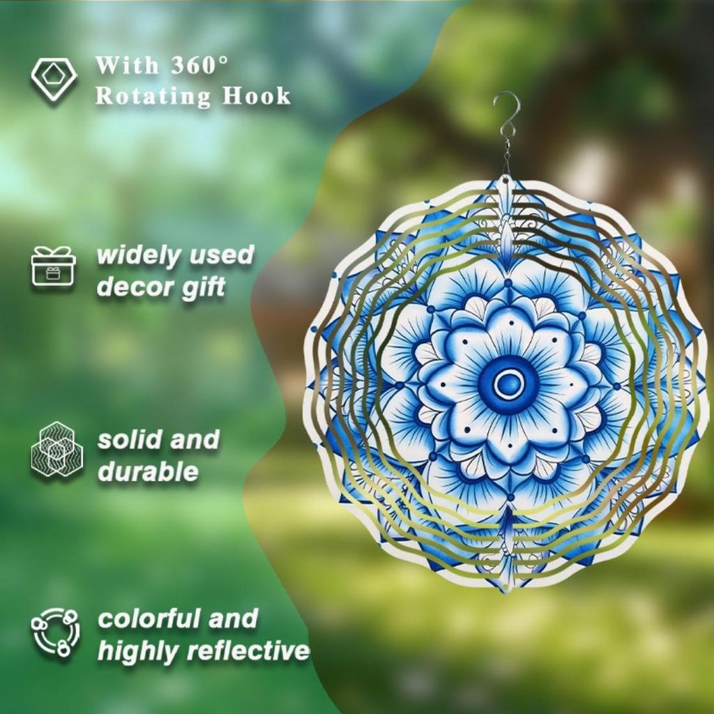 2D Mandala Flower Metal Wind Spinner - Blue & White Kinetic Hanging Decor for Indoor/Outdoor Use, Perfect Christmas & Thanksgiving Gift