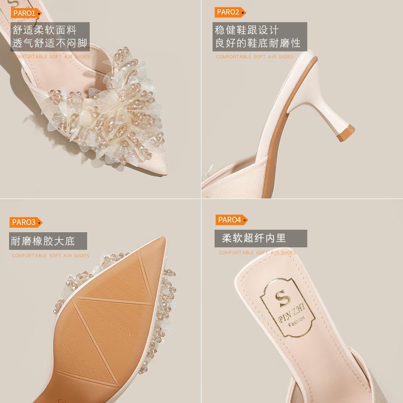 Summer new fashion satin rhinestones are not tired, empty sandals after feet, pointed stiletto high heels