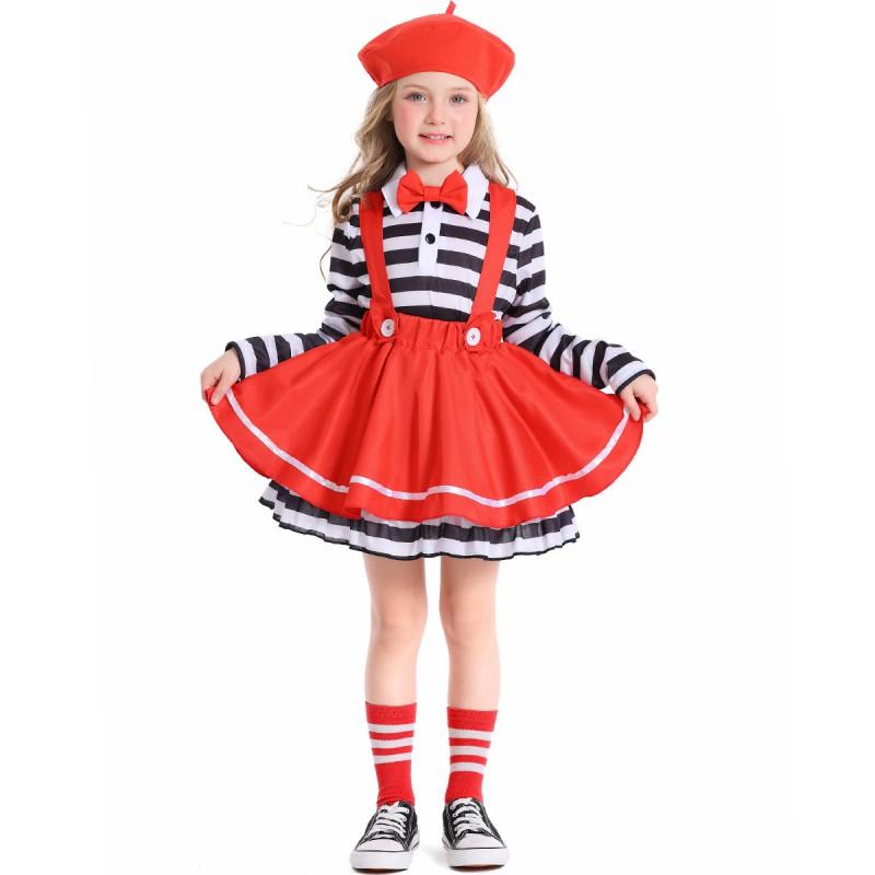 Red Suspender Dress With Black White Stripes Girls Halloween Costume Clown Performance Outfit