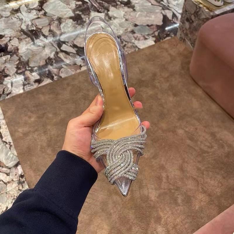Transparent sandals Baotou crossed rhinestone high heels spring and summer 2025 new back empty shallow mouth sweet banquet wedding shoes