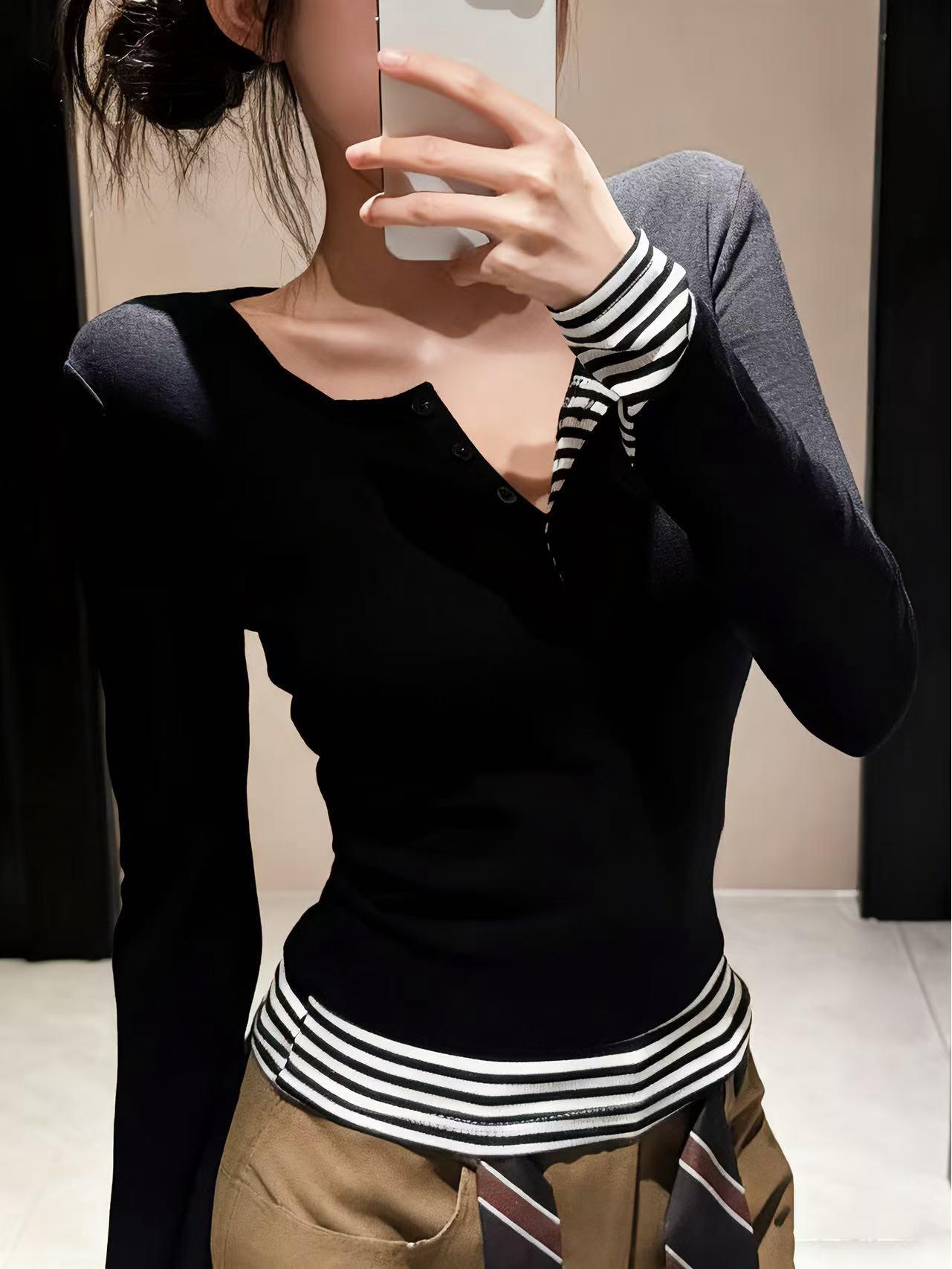 

Stripe Color Block Patchwork Fake Two-Piece Long Sleeve Slim Fit Button-Up Women s T-Shirt Medium чёрный
