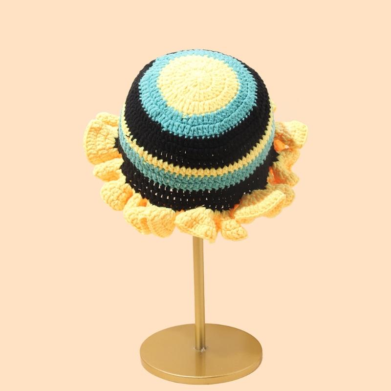 Hand Crochet Bucket Hat with Ruffled Edge Warm Fisherman Hat Ethnic Flower Hat Headwear for Women Winter Elegances
