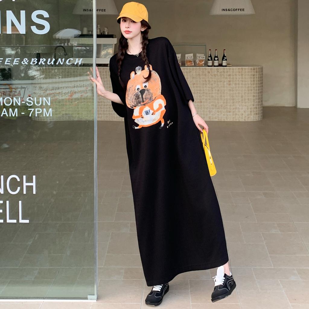 DIMANAF Women Plus Size Dress Loose Summer 2025 Vintage Dress Basic Long Casual Pattern Printing Shirt Dress Maxi