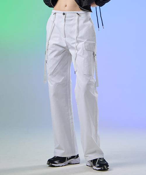 KOLEAT Women Functional Crinkly Strap Wide Cargo Slacks Pants [White]