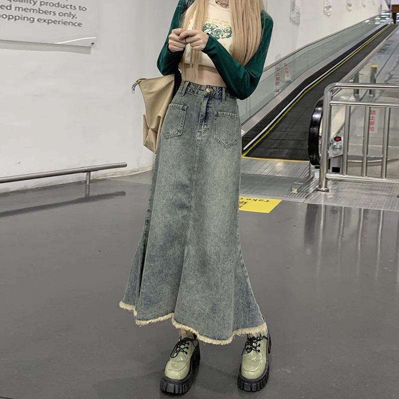 

Vintage Washed Fishtail Denim Skirt - Women s High Street Raw Edge Design L