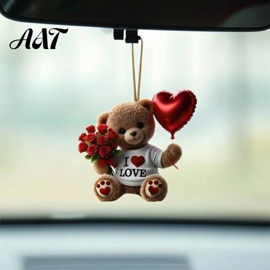 Heart Balloon Hanging Decoration Teddy Bear Ornament, Holding Red Rose Bouquet Decoration, Ornament Car Rearview Mirror 2D Flat Acrylic