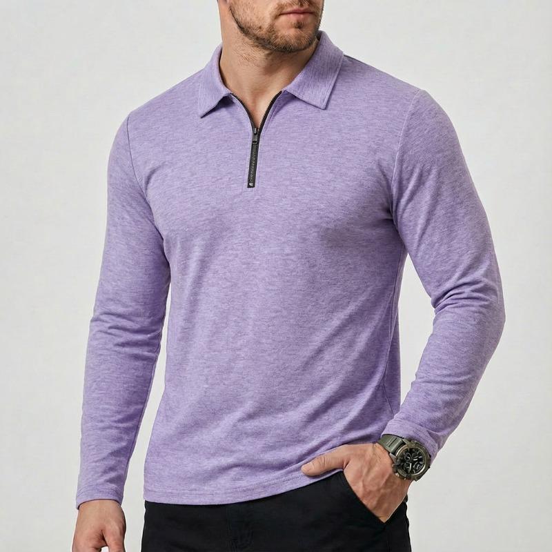 Men Turn Down Collar Half Zip Long Sleeve Polo Shirt Slim Fit Solid Casual Business Tops