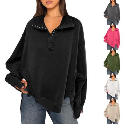 Felpe oversize da donna con cappuccio a maniche lunghe con bottoni al collo, pullover, top a tunica