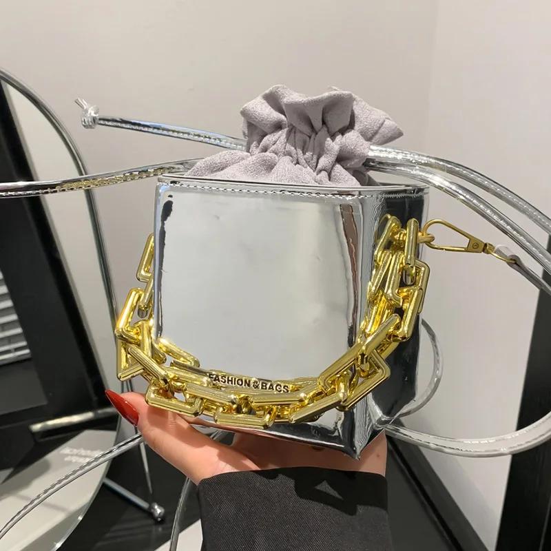 

Mini PU Drawstring Bags for Women Chain Square Bucket Bag High-end Hobo Chic Clutch Luxury Fashion