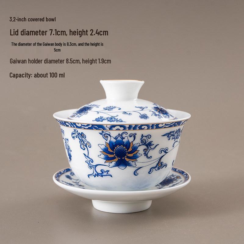 Chinese Style Ceramic Tea Set: White Porcelain Cup with Blue and White Ruyi Covered Bowl for Living Room