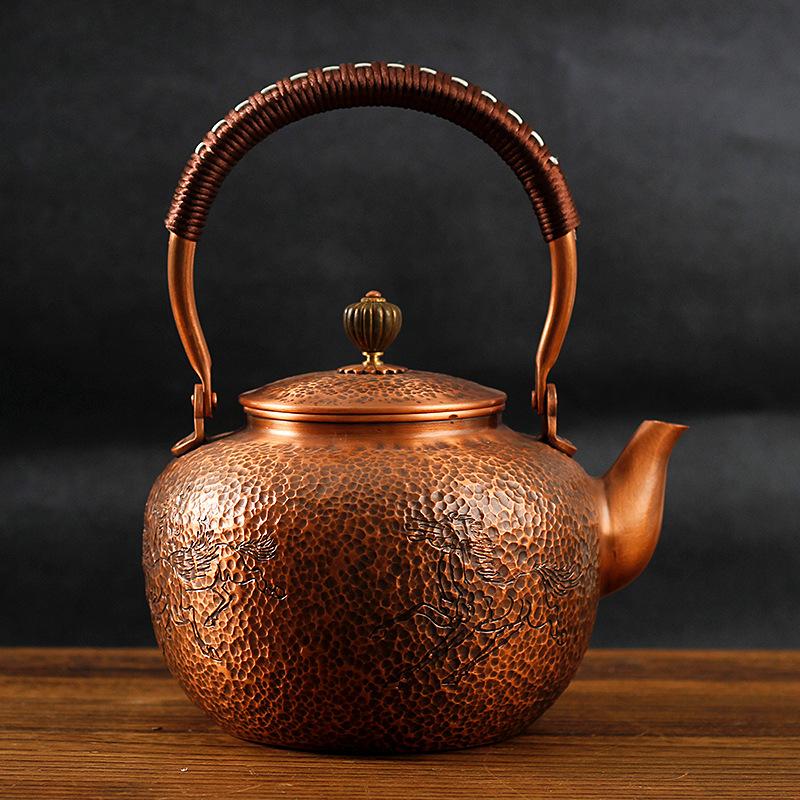 Handmade Retro Hammered Copper Teapot, Uncoated Hand Hammered Purple Copper Teapot, Red Copper Handle Teapot, Boiling Kettle