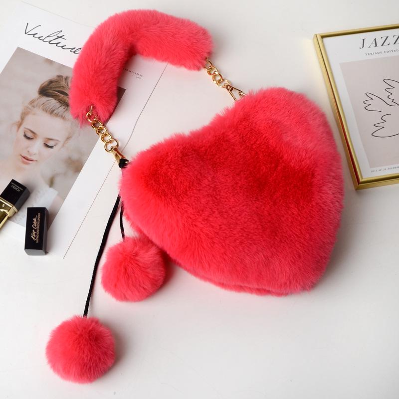 SCIONE Fashion Cute Plush Heart-shaped Bag Female Furry Love Handbag Chain Peach Heart Bag