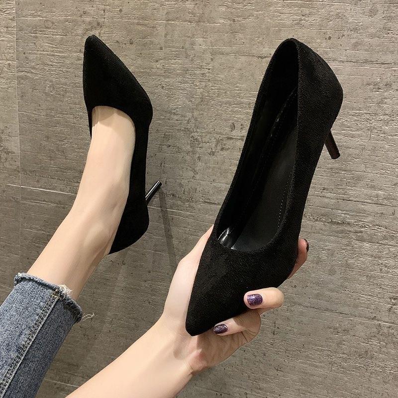 22 new student high heels etiquette bar mitzvah black suede pointed professional single shoes