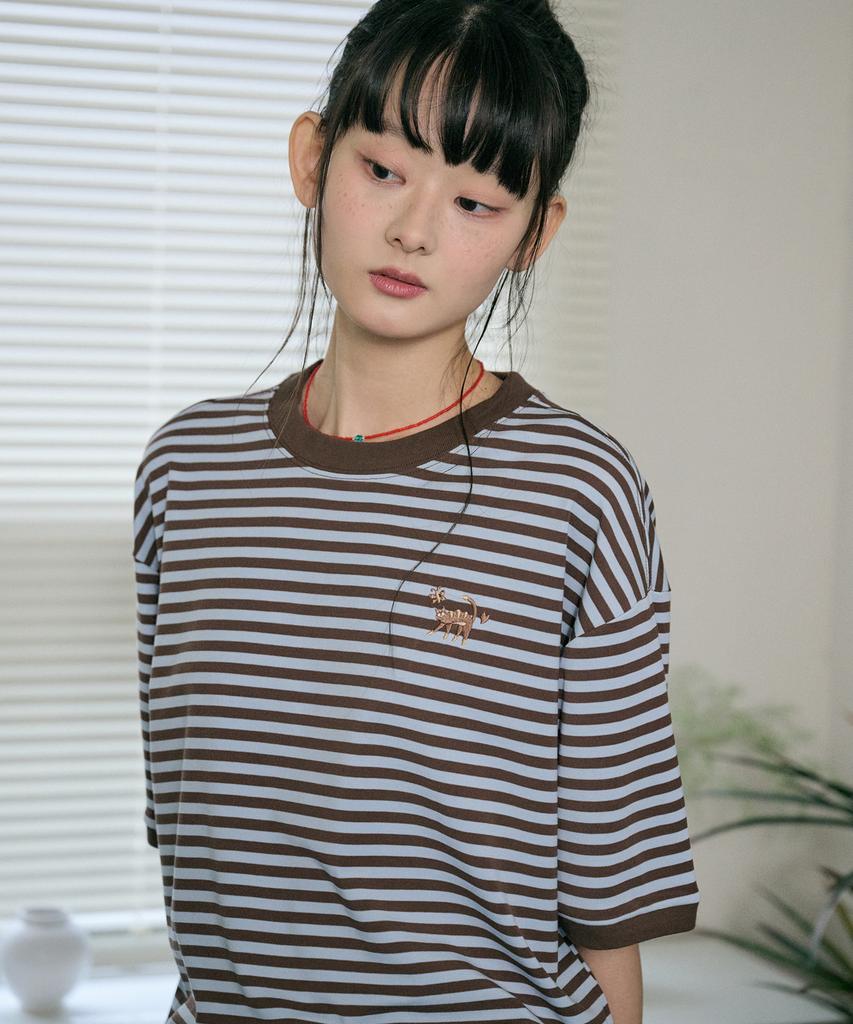 CPGN STUDIO Katze Streifen Ringer Tee Braun