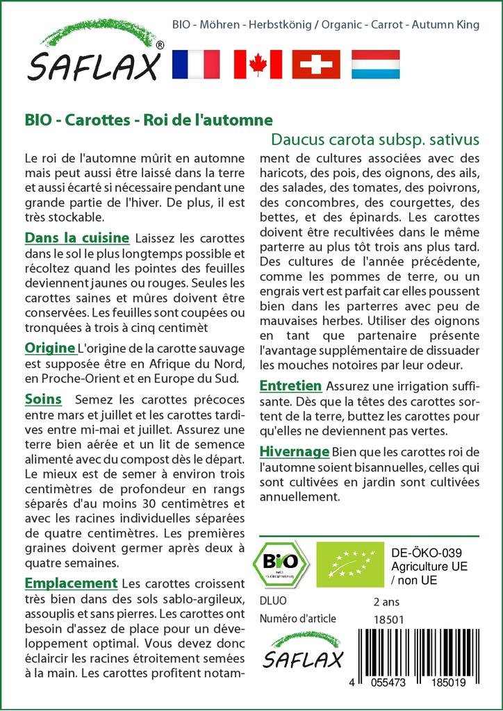 SAFLAX Garden In the Bag - Organic - Carrot - Autumn King - 1000 Seeds - With Substrate In a Fitting Stand Up Bag - Daucus Carota