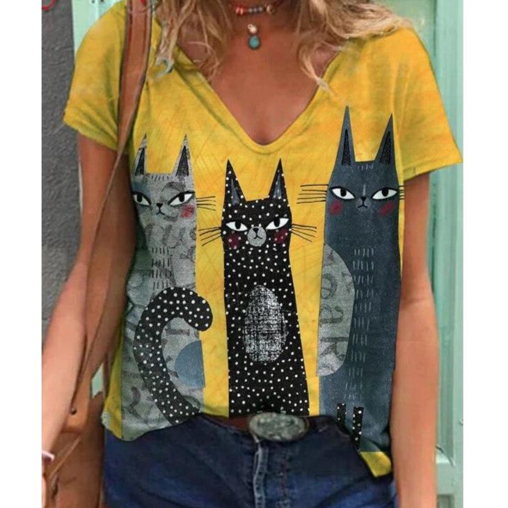 

Забавный крой кавайный мультяшный принт с котом V-образным вырезом с коротким рукавом повседневная футболка Harajuku футболка больших размеров топ женская летняя одежда для женщин L жёлтый