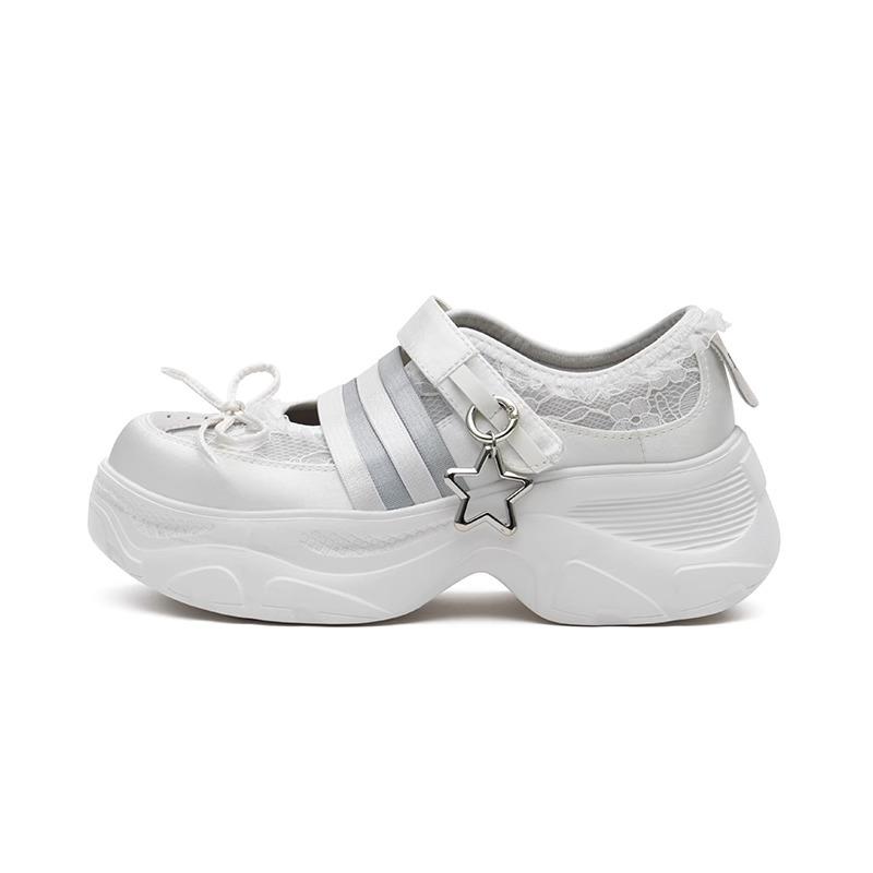 Masoshi lace edge Mary Jane shoes women's 2025 summer new thick-soled heightened silk and satin surface breathable casual shoes