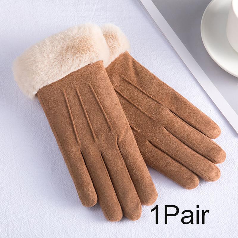 1Pair Touch Screen Winter Fleece Suede Soft Women Warm Gloves Ladies Fur Lined Thermal