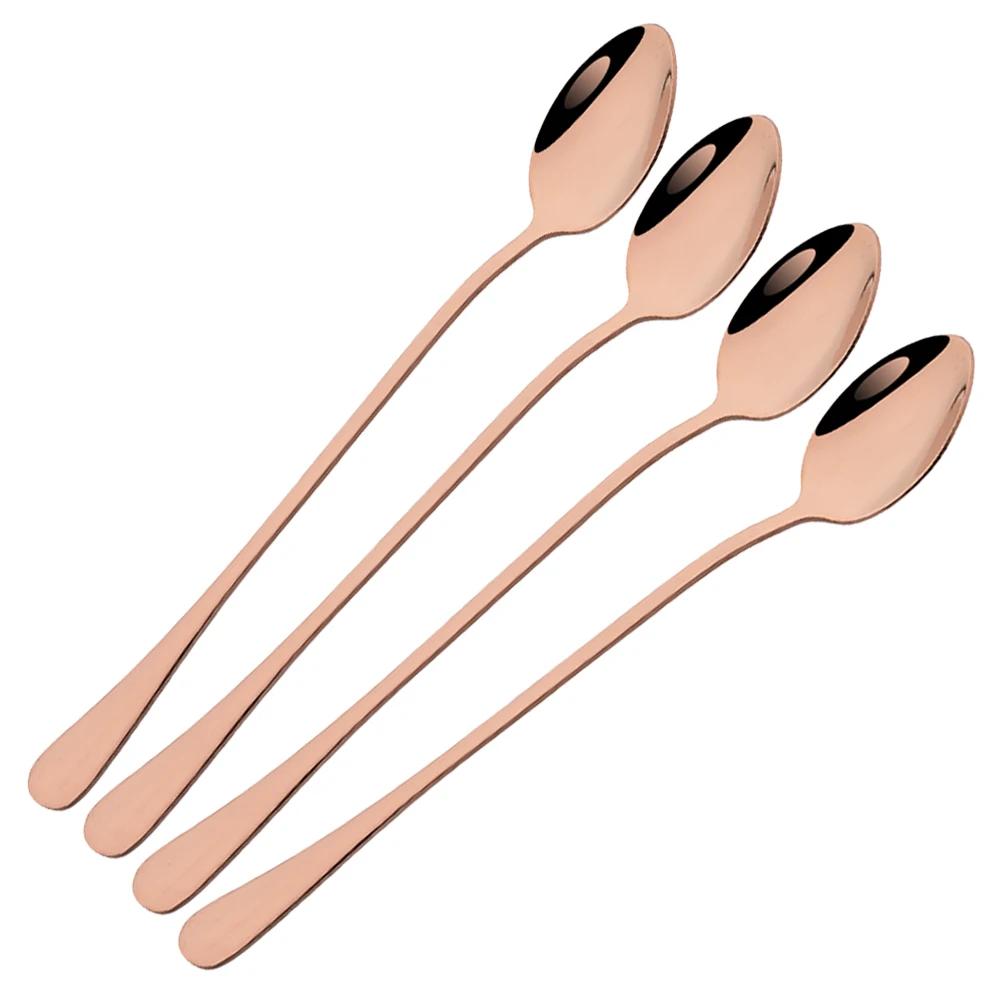 4Pcs Stainless Steel Long Handled Spoon Set Shiny Stirring Coffee Dessert Spoon Suitable for Milk Tea Juice Milkshakes Ice Cream