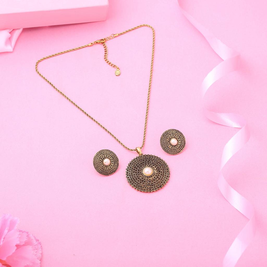 Estele 24kt Oxidized Gold Plated Pearl Mandala Chain Necklaces