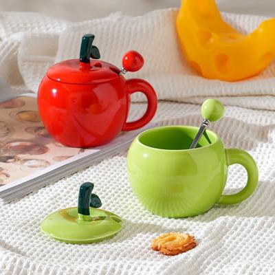 Creative and Personalized Apple Spoon with Lid Ceramic Cup Home Office Ceramic Cup Couple Water Cup Christmas Gift