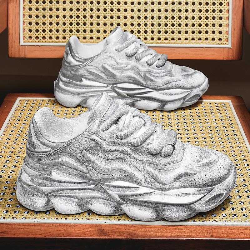 Men's Shoes Autumn Thick-soled Cushioning Retro Old Dirty Shoes Dad Shoes Outdoor Leather Waterproof Casual Sports Trendy Shoes