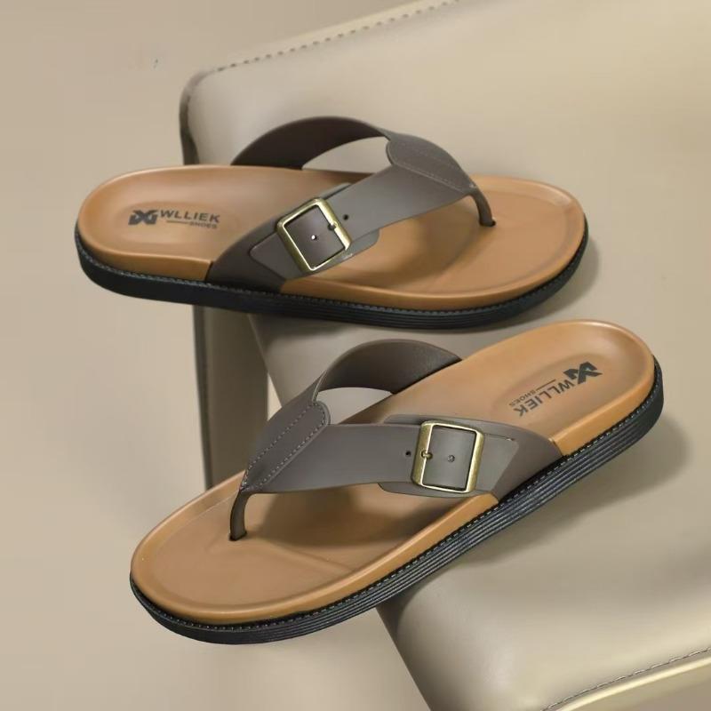 Men's Buckle Decor Flip Flops Non-slip Thick Sole Thong Sandals Casual Summer Beach Slippers