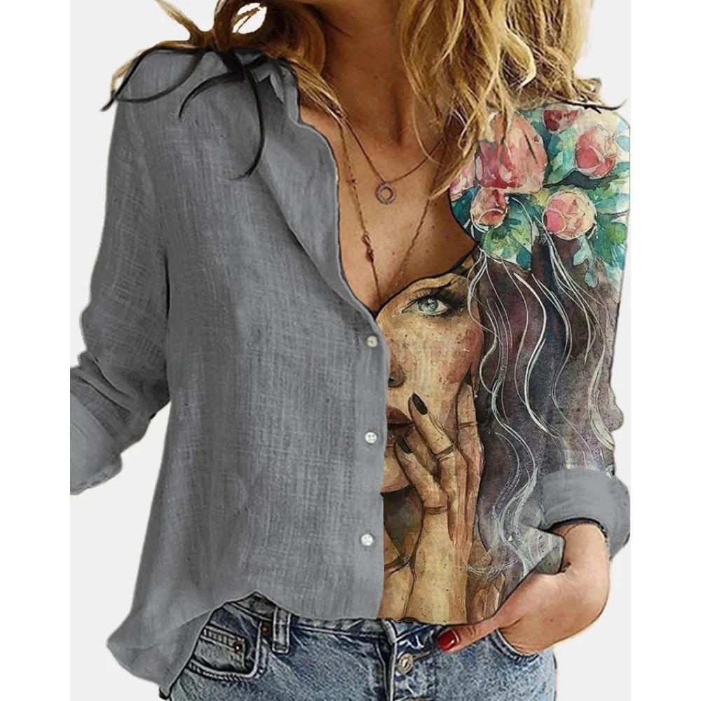 Fashion Stitching Retro Face Print Long Sleeve Blouse Women Lapel Button Casual Top Lady Shirts