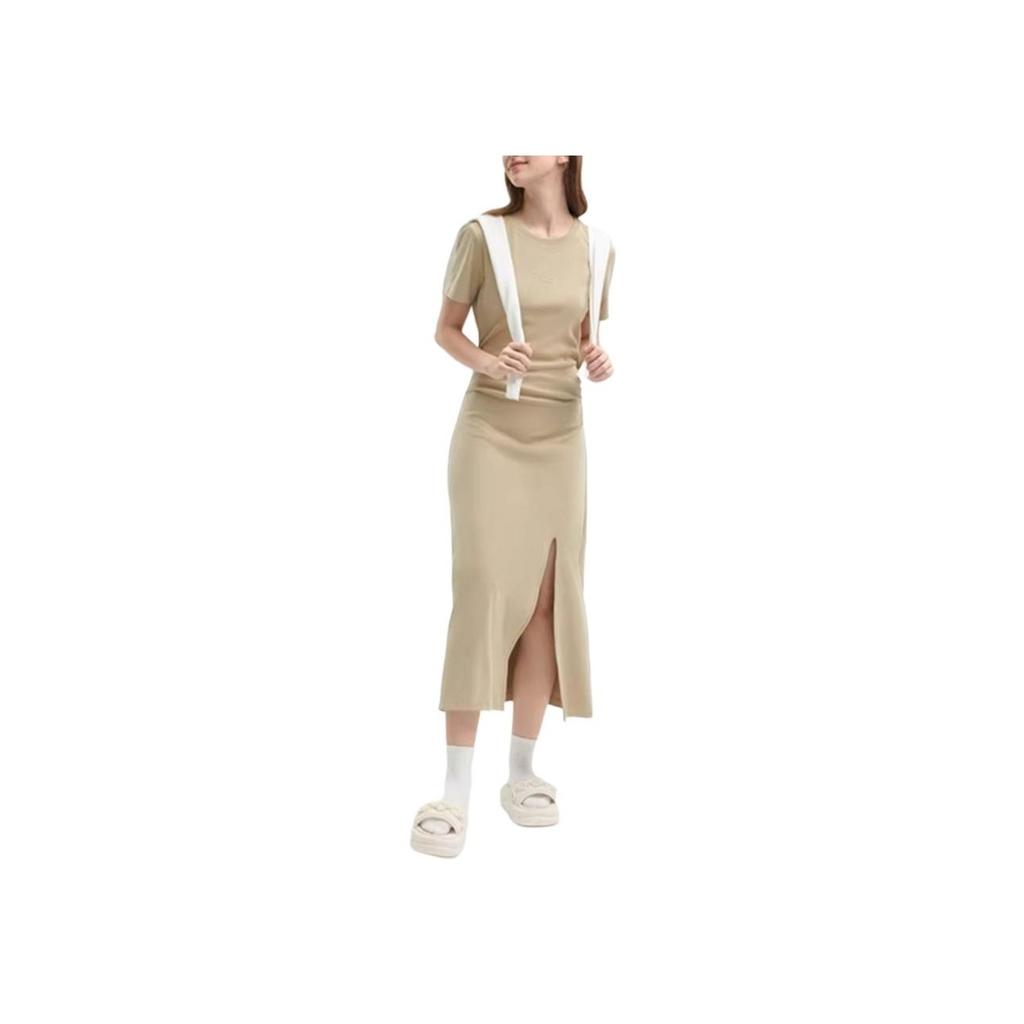 Fila Original Solid Color Fashion Casual Simple Breathable Split Slim Round Neck Pullover Short Sleeve Dress Women Dresses Light-Khaki F51W429302F-LK