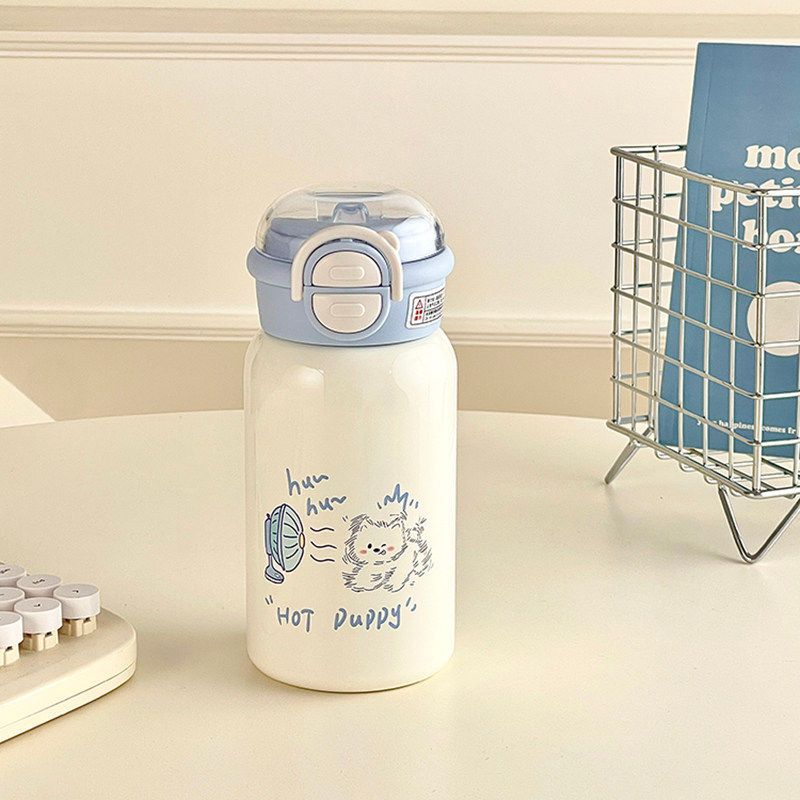 

German Canim Kalse Stainless Steel Large-Capacity Thermos Cup for Girls, High-Looking New Model, One-Lid Dual-Drinking Cup Blue Puppy 500ml (Free 3D Sticker + Cup Brush)