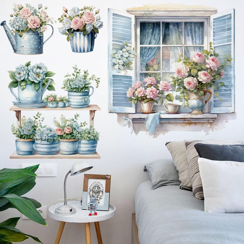 Cartoon Cat Flowers Potted Plants Wall Stickers Fake Windows Warm Bedside Bedroom Decorative Decal Stickers Wallpaper