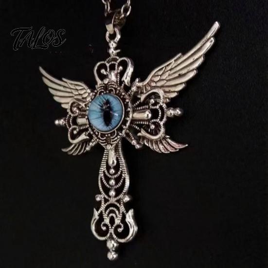 Personalized Dark Style Accessory Devil Eye Pendant Necklace, Gothic Winged Religious Charm Detailed Metal Engraving Statement Vintage Punk